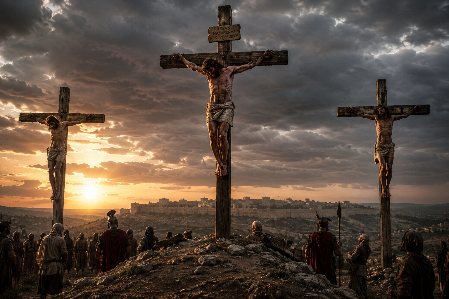 Au pied des trois croix, le Golgotha au crépuscule